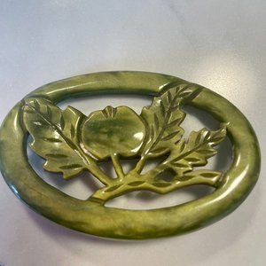 Bakelite Brooch - beautiful detail !  -marbled avocado green